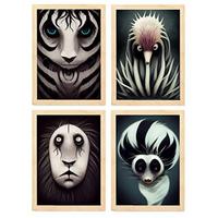 POSTER Set mit 4 Schwarz und weiß Tier im T Burton Goth Stil A3 Rahmen aus hellem Holz - Beige, Papier (29.7/3cm) - Nacnic
