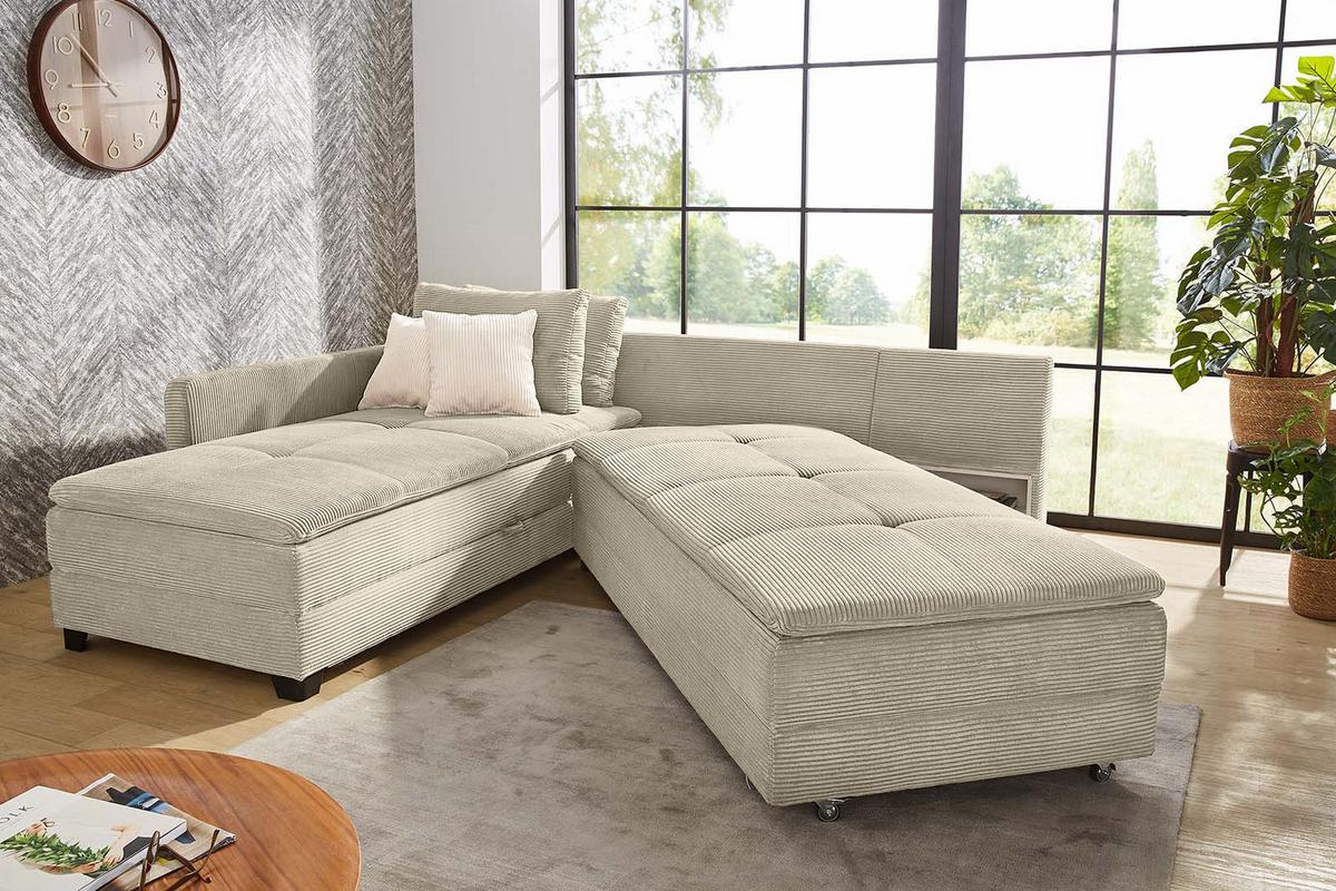 ECKSOFA-DAUERSCHLÄFER Doppelbett Boxspring Federkern Topper, seitenverkehrt montierbar B306/T223/H95 cm, Cord Beige Grau / 15161 - Greige/Schwarz, Kunststoff/Textil (306/223cm) - luma-home