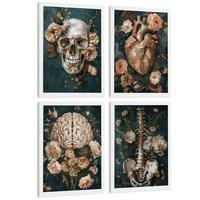 POSTER Set aus 4 Anatomie Drucke und Wandbilder mit Schädel Herz Gehirn Wirbelsäule Skelett Becken Klassisches Florales Design Größe Weißer Rahmen A4 - Weiß, Papier (21/29.7/3cm) - Nacnic