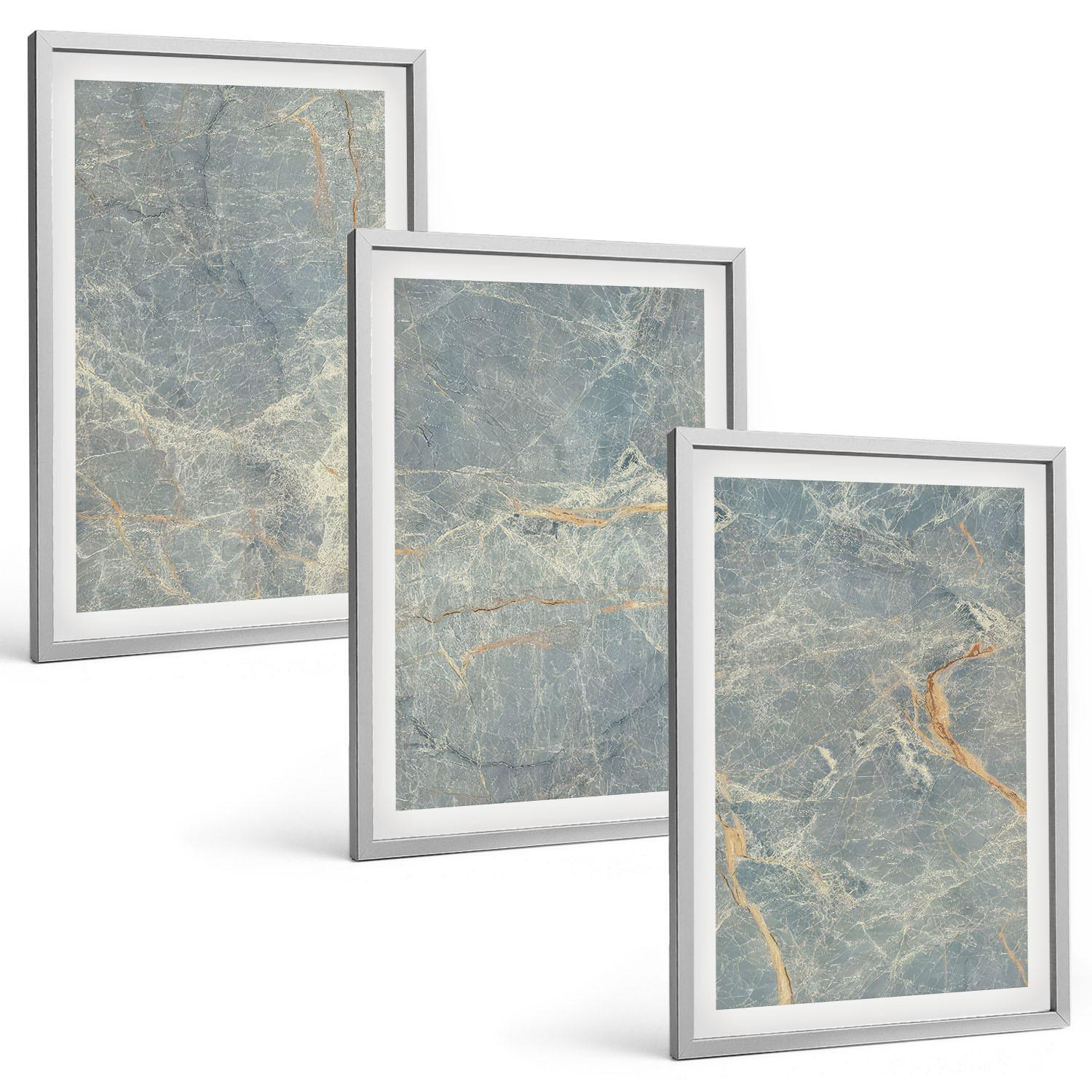 BILDER SET 3er Set - 40x60 cm Silberner Rahmen - Dekorativer Stein aus grünem Marmor - Silberfarben, Kunststoff (40/60cm) - TULUP