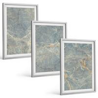 BILDER SET 3er Set - 40x60 cm Silberner Rahmen - Dekorativer Stein aus grünem Marmor - Silberfarben, Kunststoff (40/60cm) - TULUP