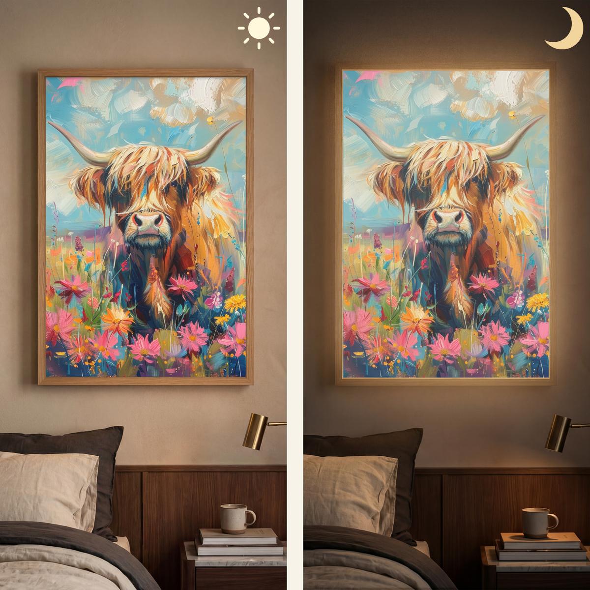 WANDLEUCHTE MIT AKKU Schottische Hochländer - Natur - Farbenfroh - Blumen 70x100 cm - Multicolor, Holzwerkstoff (70/100/8cm) - OnlyWow