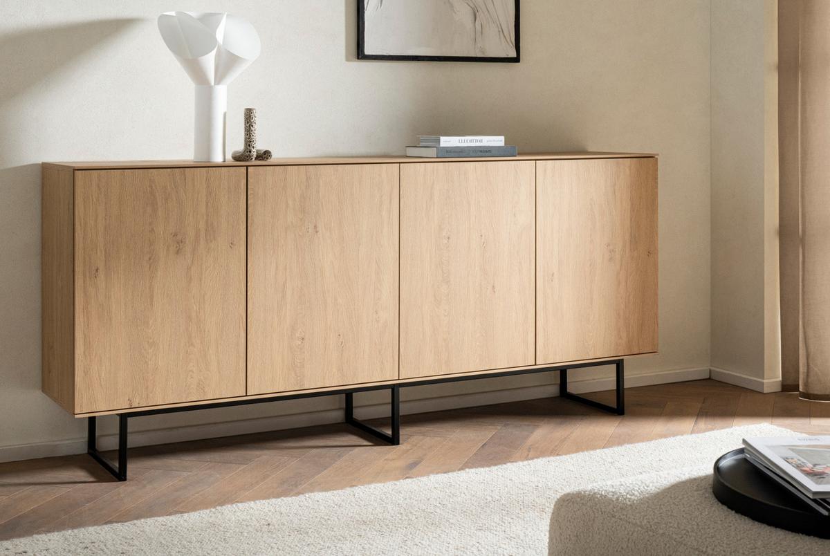 SIDEBOARD Stone Eiche, Kommode 200 x 90 cm, mit Push-to-Open - Eichefarben/Schwarz, Holzwerkstoff/Metall (200/90/40cm) - Furn.Design