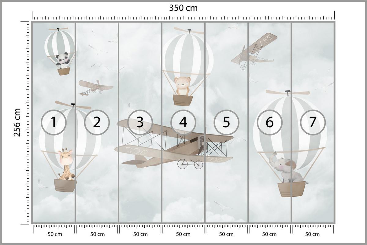 FOTOTAPETE für Kinderzimmer Ballons Tiere Wolken Flugzeuge Fantasie Retro 350x256 - Beige/Braun, Papier (350/256cm) - Muralo