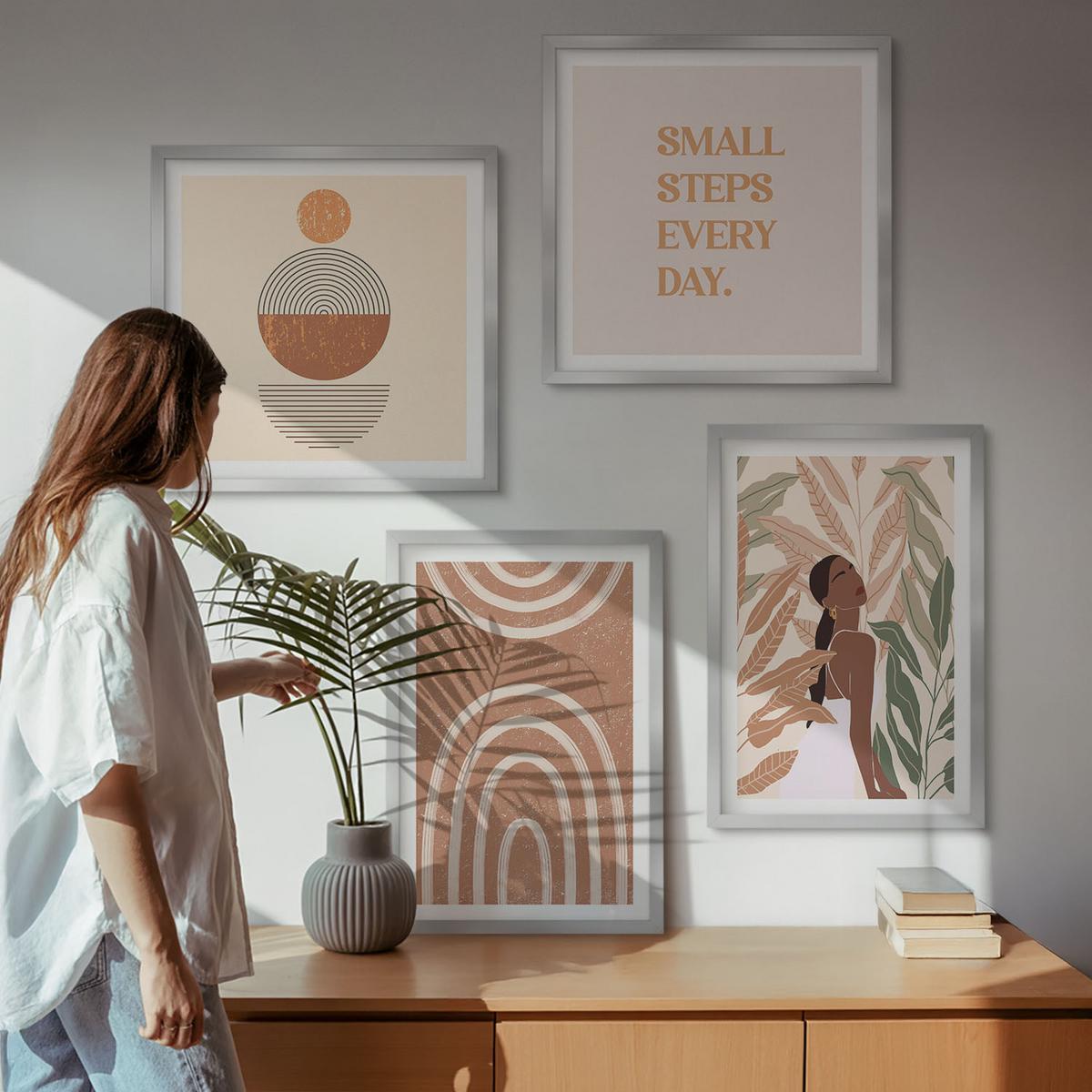 BILDER SET 4er Set - 50x50 cm & 40x60 cm Silberner Rahmen - Stilvolle Pflanzenmuster und Geometrie - Silberfarben, Kunststoff (50/50cm) - TULUP