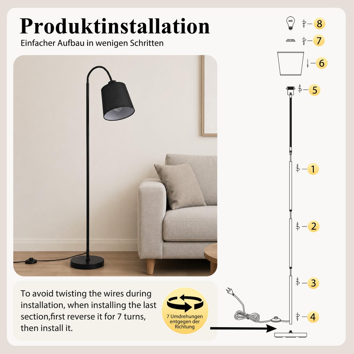 STEHLAMPE Lyvith 18/16/160 cm - Schwarz, Textil/Metall (18/16/160cm) - ZMH