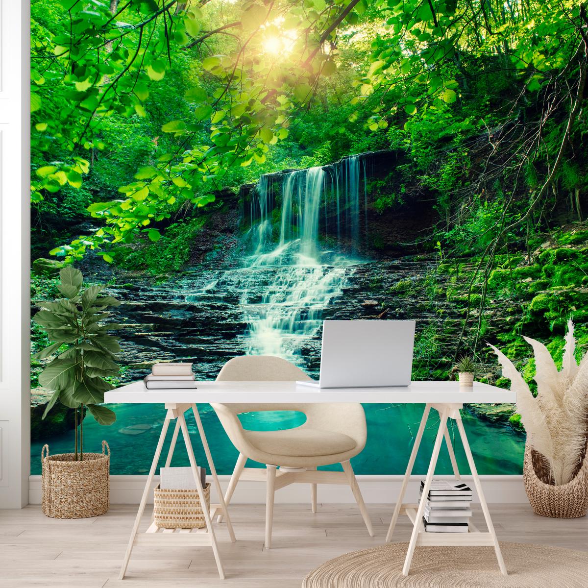 FOTOTAPETE für Schlafzimmer Türkisfarbener Wasserfall Wald Bäume Blätter Felsen 100x70 - Türkis/Blau, Papier (100/70cm) - Muralo