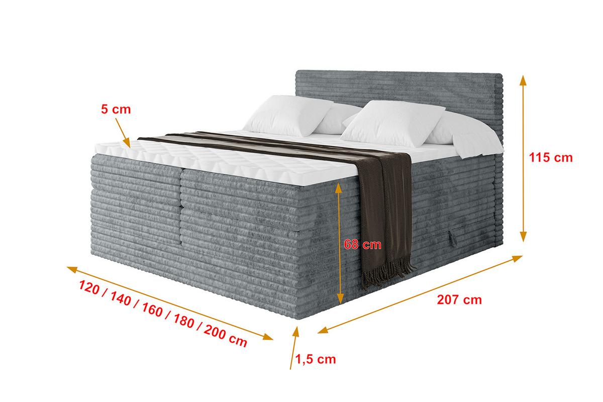 BOXSPRINGBETT mit Matratze H3|H4 und Lattenrost - TOLO KING-v1 120x200 Cord - Dunkelgrau - Dunkelgrau, Holzwerkstoff (120/200cm)