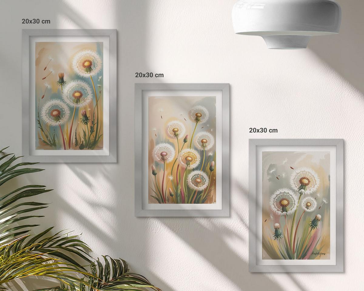 BILDER SET 3er Set - 20x30 cm Silberner Rahmen - Löwenzahnblüten, pastellfarbene Gräser - Silberfarben, Kunststoff (20/30cm) - TULUP