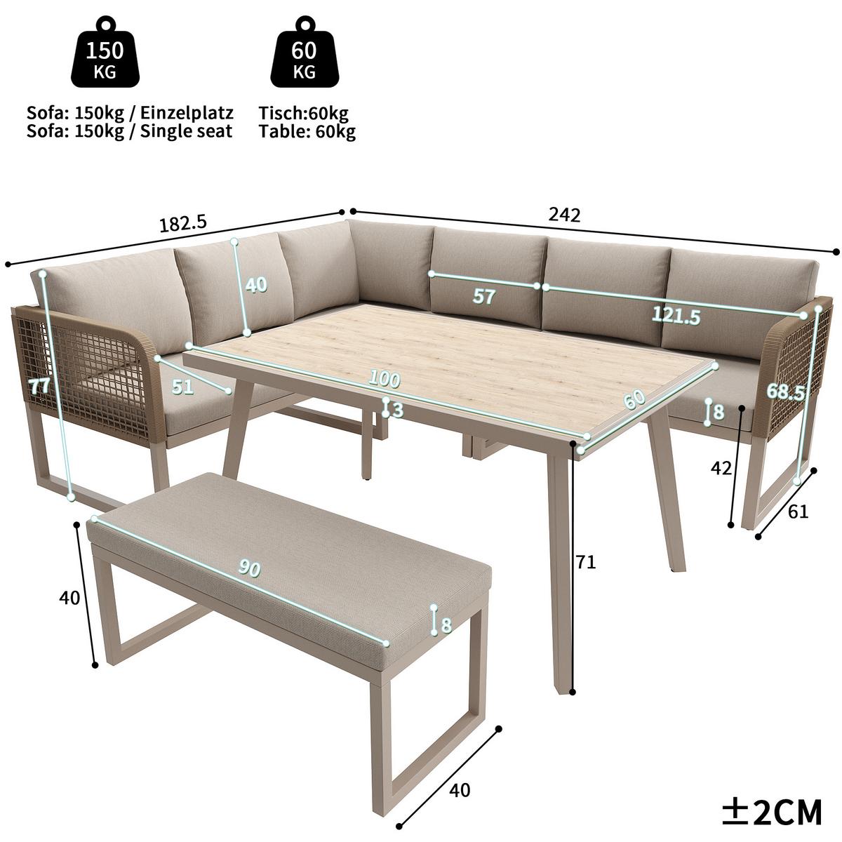 LOUNGEGARNITUR PE-Rattan Beige Ecksofa mit Tisch & Bank - Beige, Metall - Urban Meuble