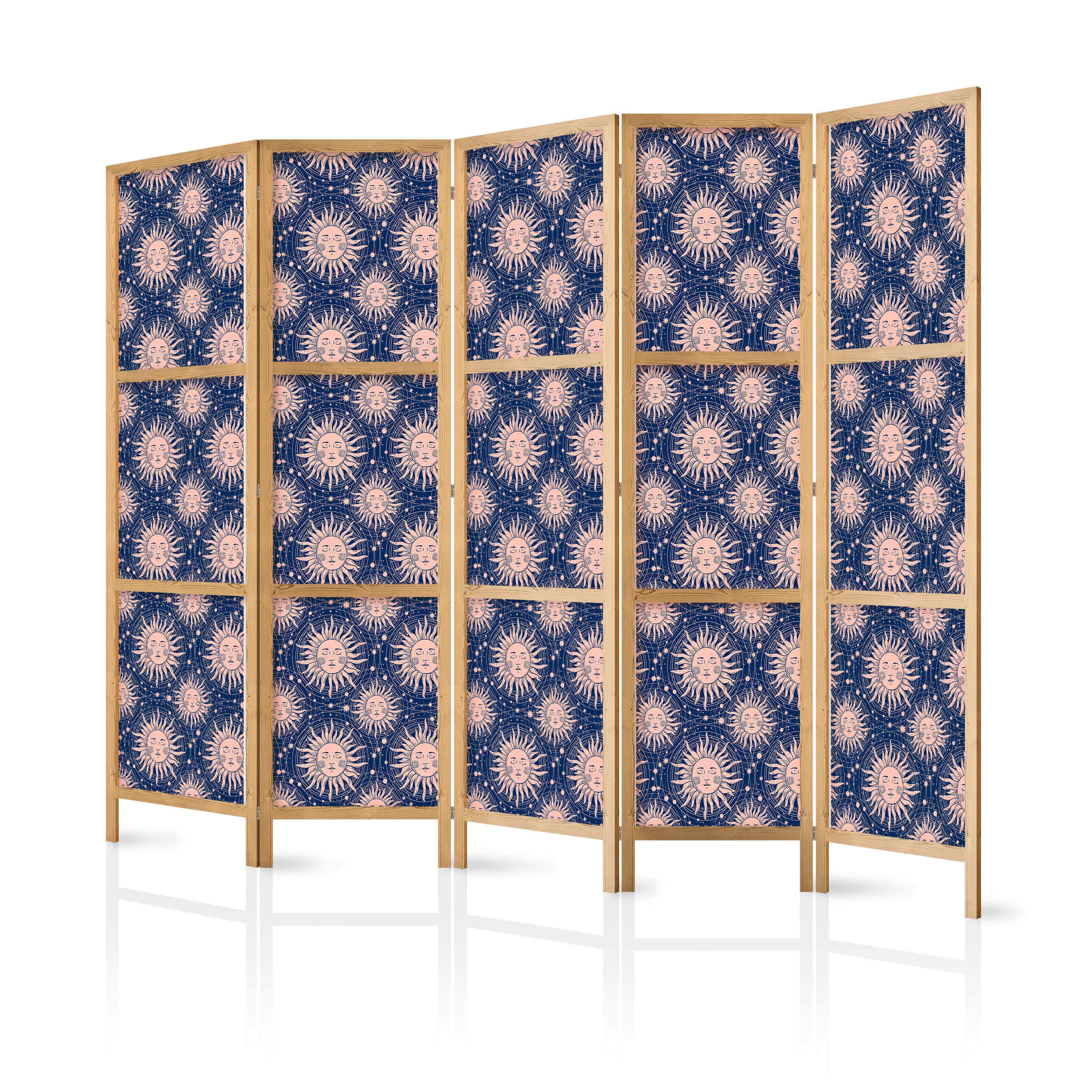 PARAVENT Japanischer 5-tlg 225x172 cm Sonnen - Blau, Holz/Textil (225/172/3cm) - Muralo