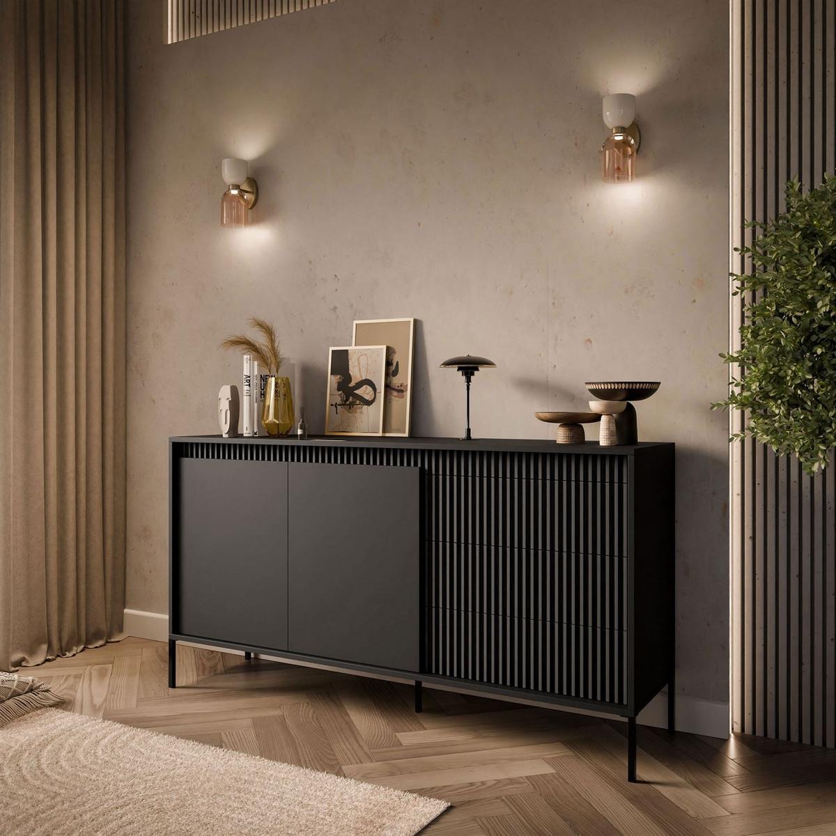 SIDEBOARDS YASUMI 153 2D3S mit Schubladen schwarz matt - Schwarz, Holzwerkstoff (153.5/81.4/39.4cm) - Lookway