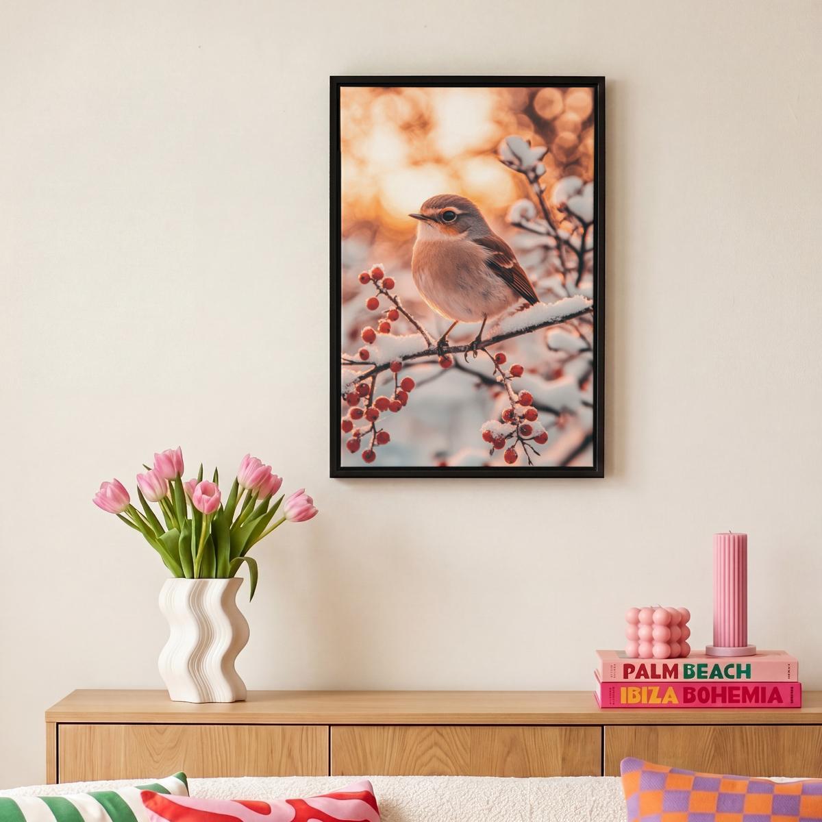 LEINWAND Bilder mit Rahmen - Vogel - Zweig - Winter - Tiere - Schnee - 20x30 - Bernsteinfarben, Textil (20/30cm) - MuchoWow