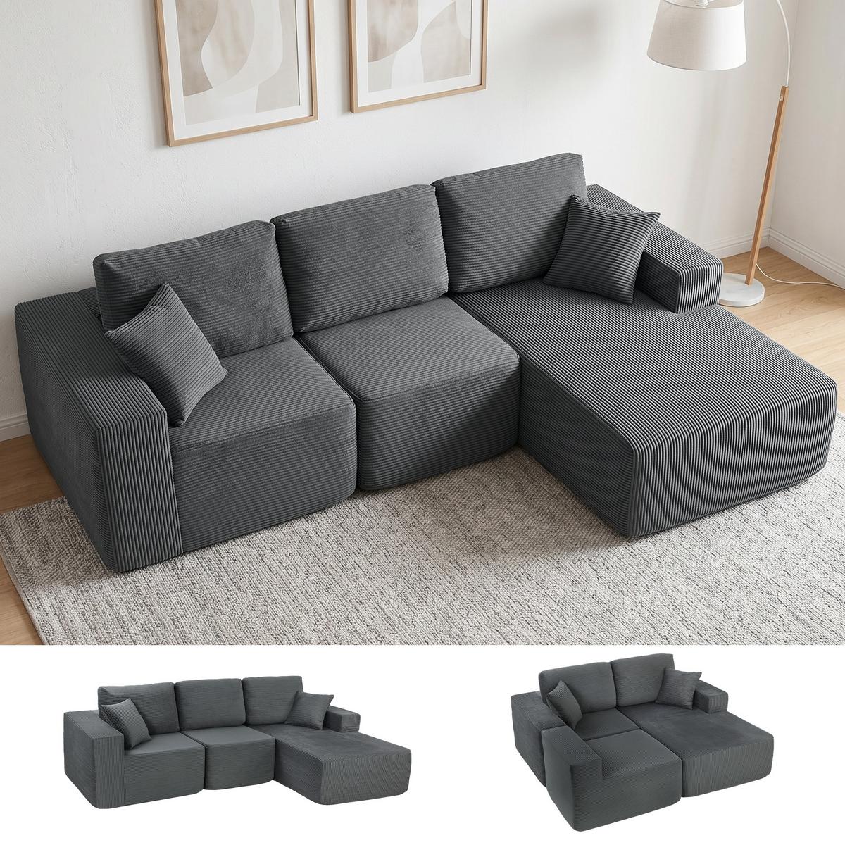 ECKSOFA 3er Set Cord Schaumstoff Dunkelgrau - Dunkelgrau, Textil (168/267cm) - HOMCOM