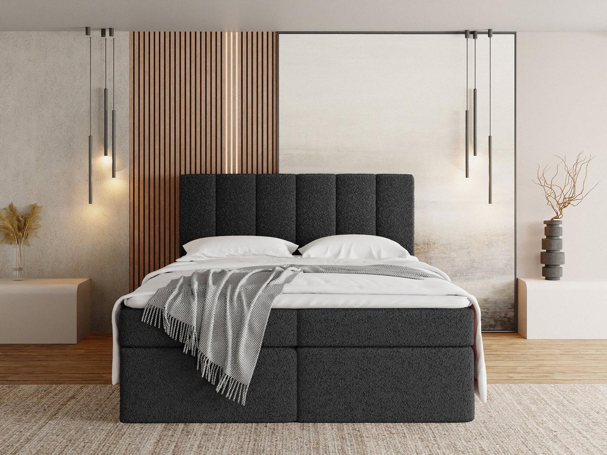 BOXBETT Amira mit Bettkasten, Boucle Schwarz 120/200 cm – 7-Zonen Taschenfederkern-Matratze & Komfortschaum-Topper - Schwarz, Holz/Holzwerkstoff (120/200cm) - WFL GROUP