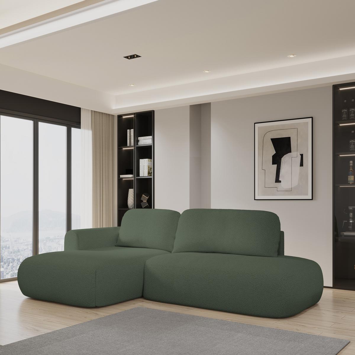 ECKSOFA NUVIRA L-S Grün Boucle-Stoff mit Schlaffunktion - Grün, Holz (279/158cm) - MASSENO