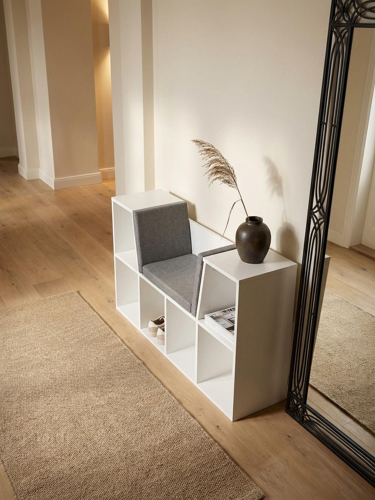SCHUHBANK – Weiß matt, 101,5x61,5x30 cm, Sitzfläche Grau, 6 Fächer - Weiß/Grau, Holz/Textil (102/62/30cm) - KADIMA DESIGN