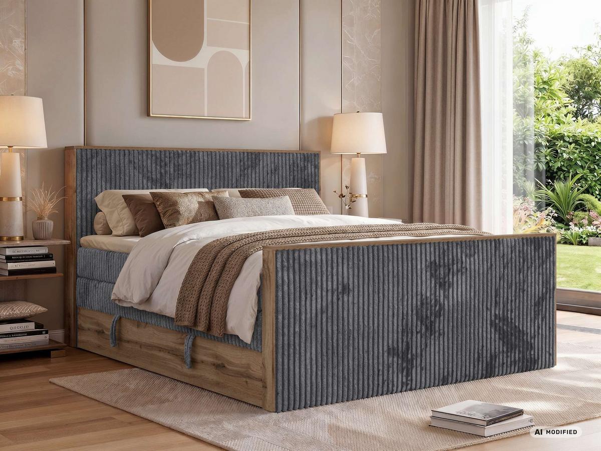BOXSPRINGBETT WOOD KING DUO 180/200 - Grau Cord - Topper Visco - H4 - Schwarz/Grau, Kunststoff/Textil (180/200cm) - MKS