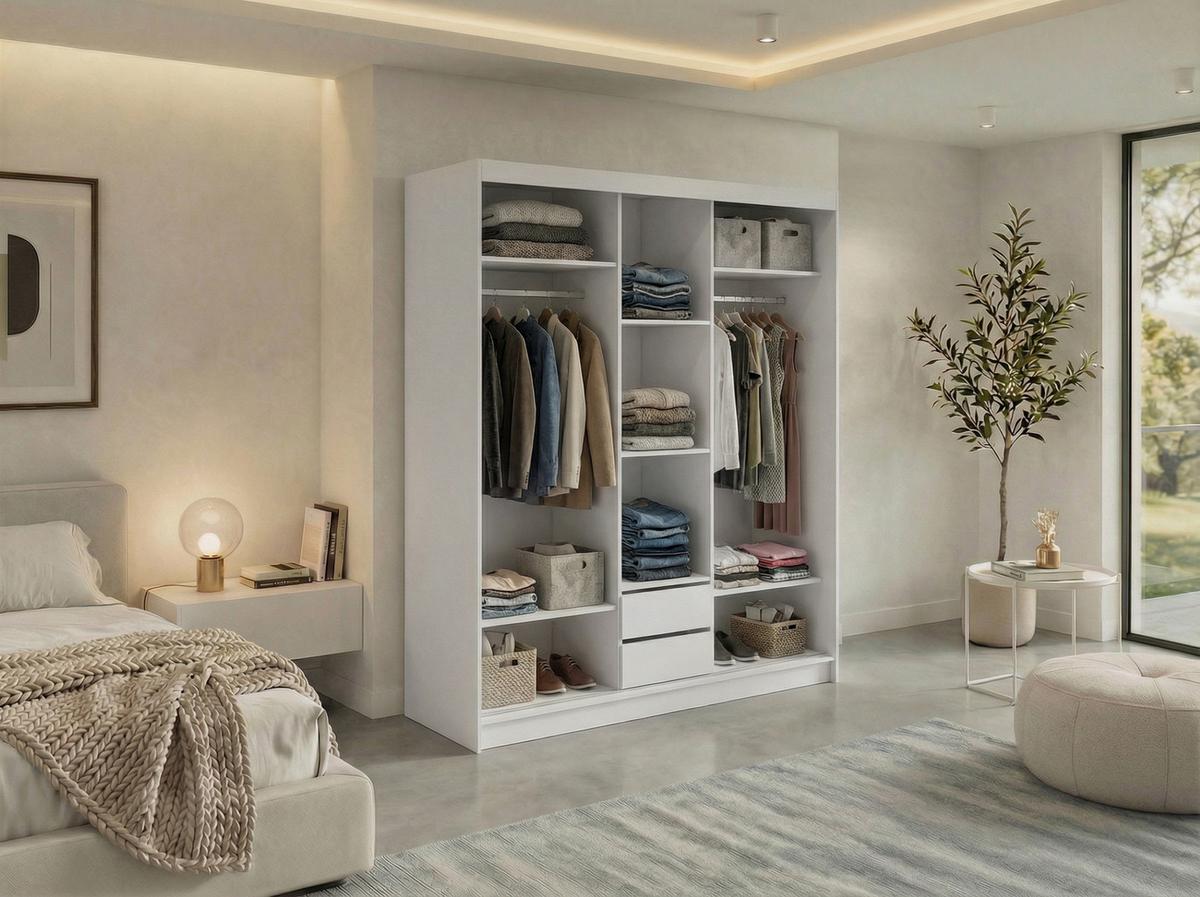 SCHWEBETÜRENSCHRANK mit Lamellen und Schubladen LUMOS - 180 - Weiß und Eiche Artisan - Alufarben/Weiß, Holzwerkstoff/Metall (180/216/61cm) - MKS