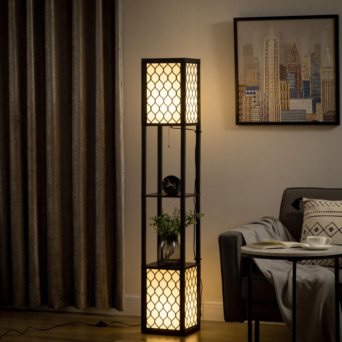 STEHLAMPE mit Regal Standlampe mit Doppellicht exkl. Leuchtmittel für Wohnzimmer - Schwarz, Kunststoff (26/26/156cm) - HOMCOM