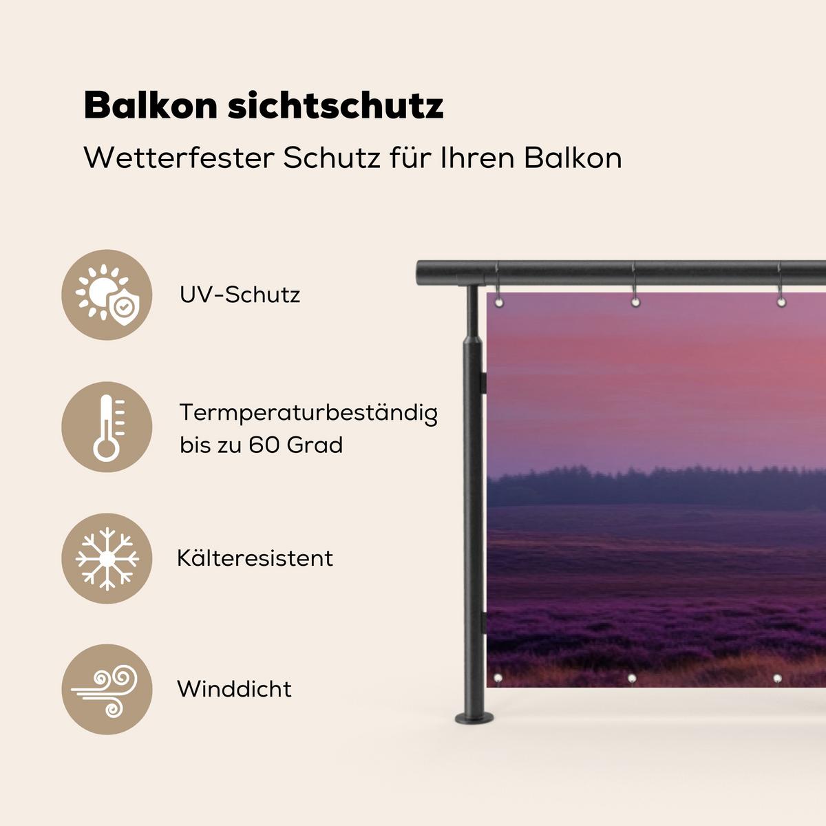 BALKON-SICHTSCHUTZ Baum - Heidekraut - Sonnenaufgang Balkon Deko 500x75 cm - Flieder, Kunststoff (500/75cm) - MuchoWow