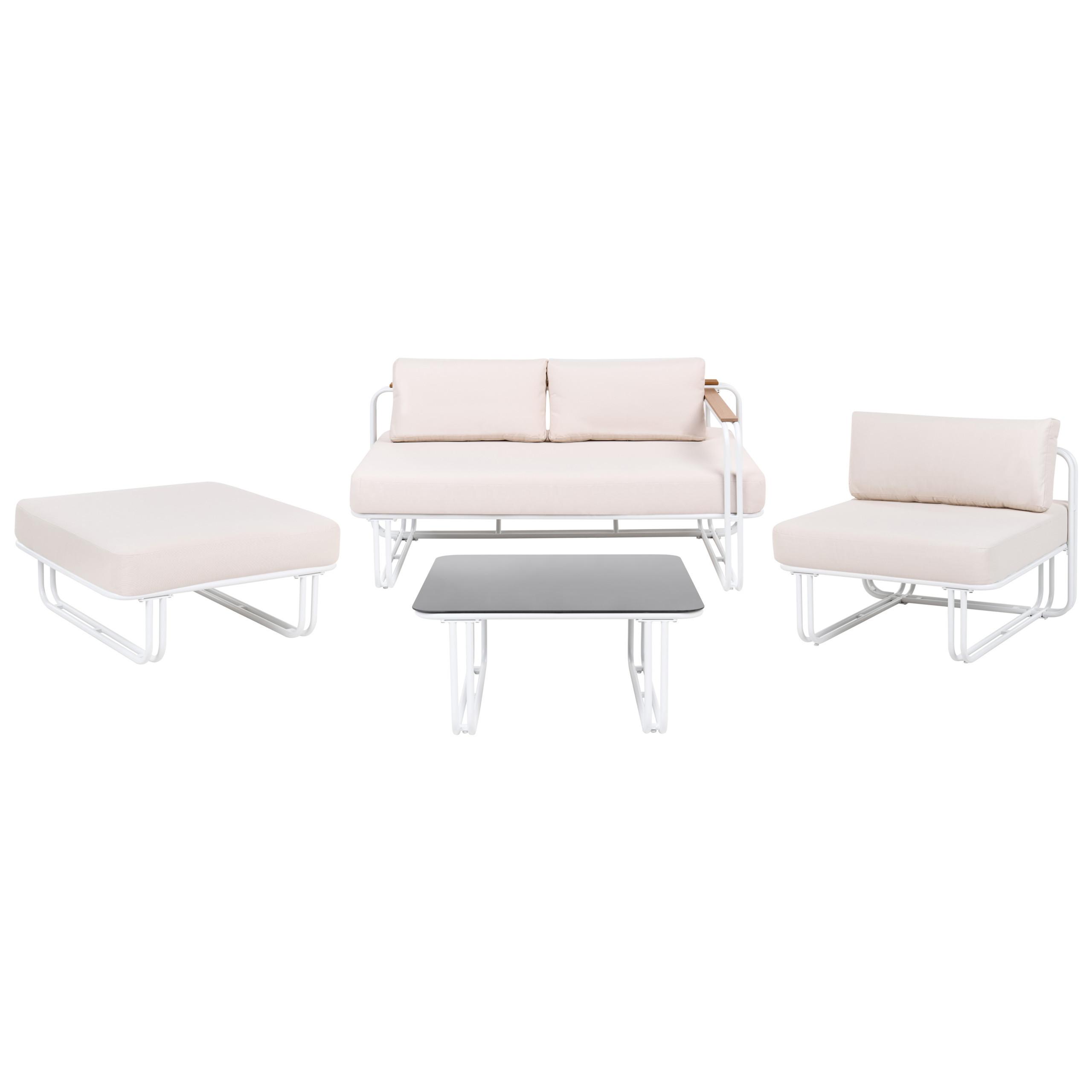 LOUNGE-SET mit Tisch und Ottomane 3-Sitzer Metall Weiß Camerota - Beige/Weiß, Metall - Beliani