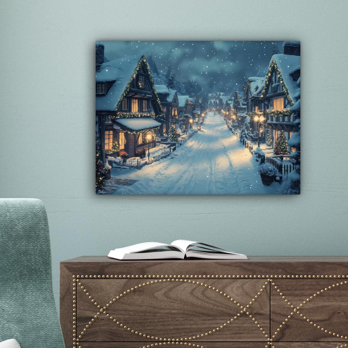 LEINWANDBILD Weihnachtsdorf - Weihnachten - Schnee - Winter Wandbild 40x30 cm - Dunkelblau, Textil (40/30cm) - MuchoWow