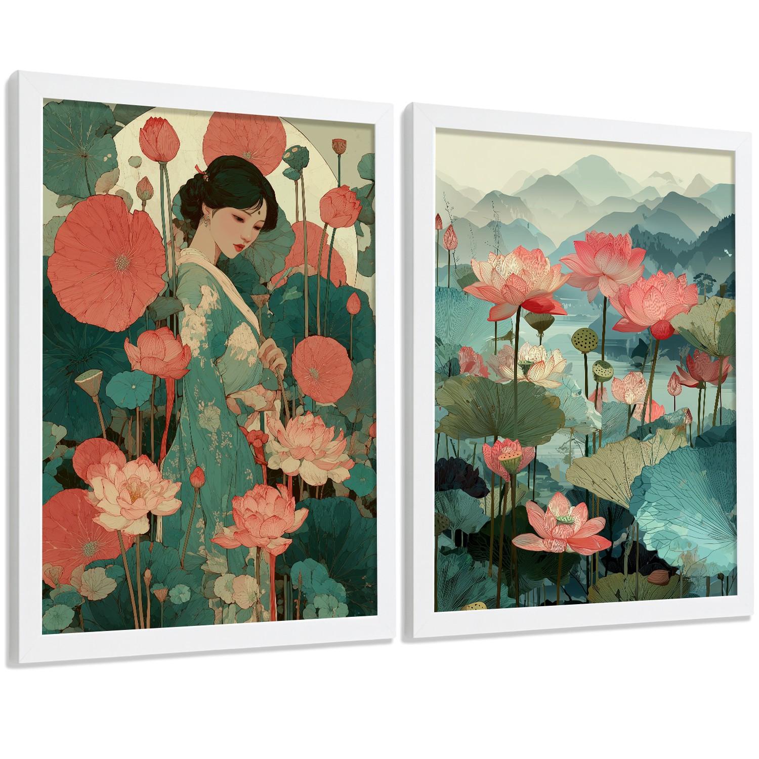 POSTER 2er-Set dekorative Badezimmerdrucke, japanisch-orientalische Kunstposter WC mit Lotusblumen, asiatische Landschaft, Stil Weißer Rahmen A4 - Weiß, Papier (29.7/21/3cm) - Nacnic