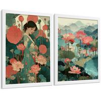 POSTER 2er-Set dekorative Badezimmerdrucke, japanisch-orientalische Kunstposter WC mit Lotusblumen, asiatische Landschaft, Stil Weißer Rahmen A4 - Weiß, Papier (29.7/21/3cm) - Nacnic