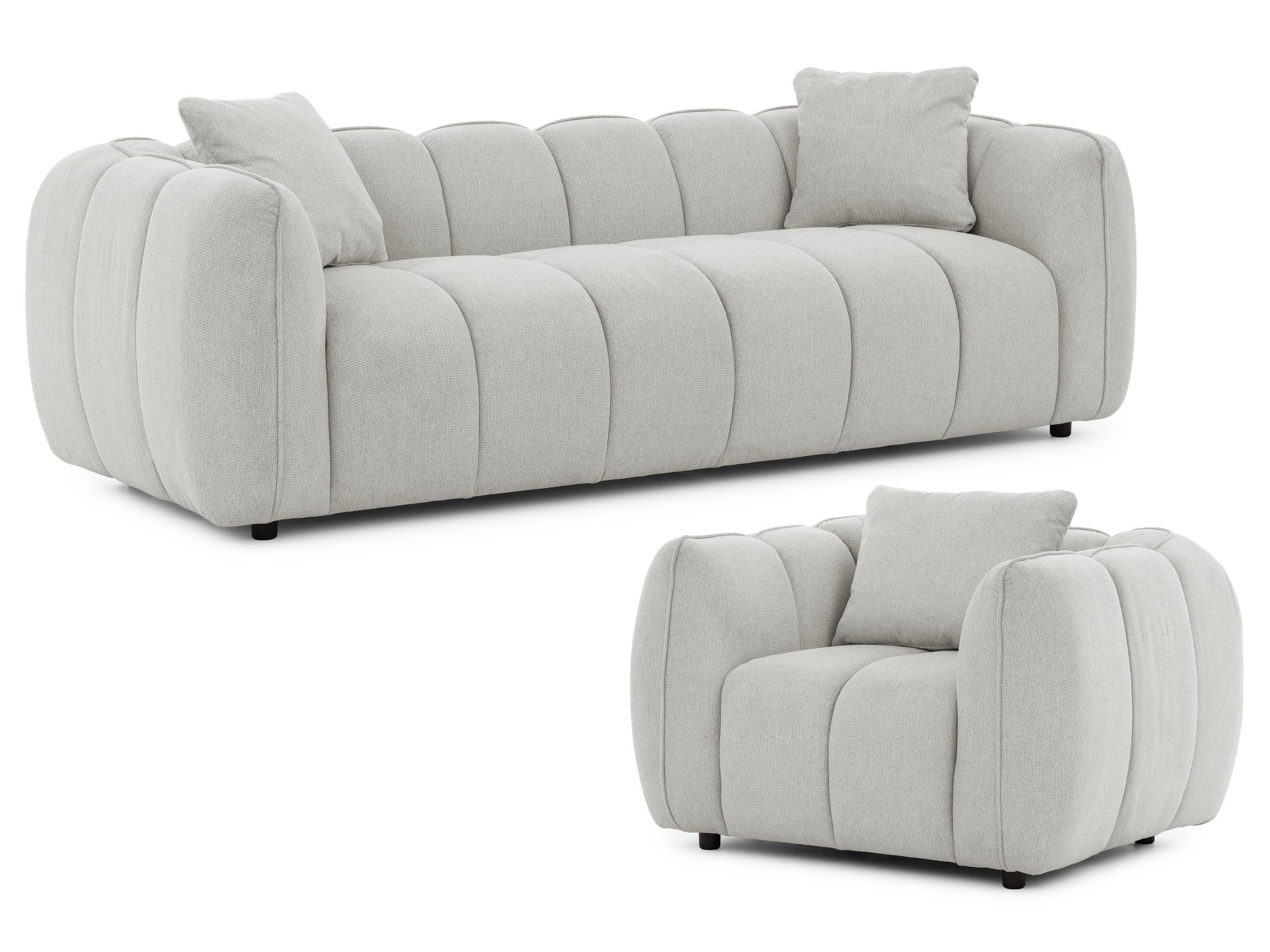 SITZGARNITUR 3+1 Nubira in tief gesteppter Bubble-Optik aus weichem Hellgrau Strukturstoff im modernen Design - Hellgrau/Schwarz, Holz/Kunststoff (228/69/89cm) - S-Style Möbel