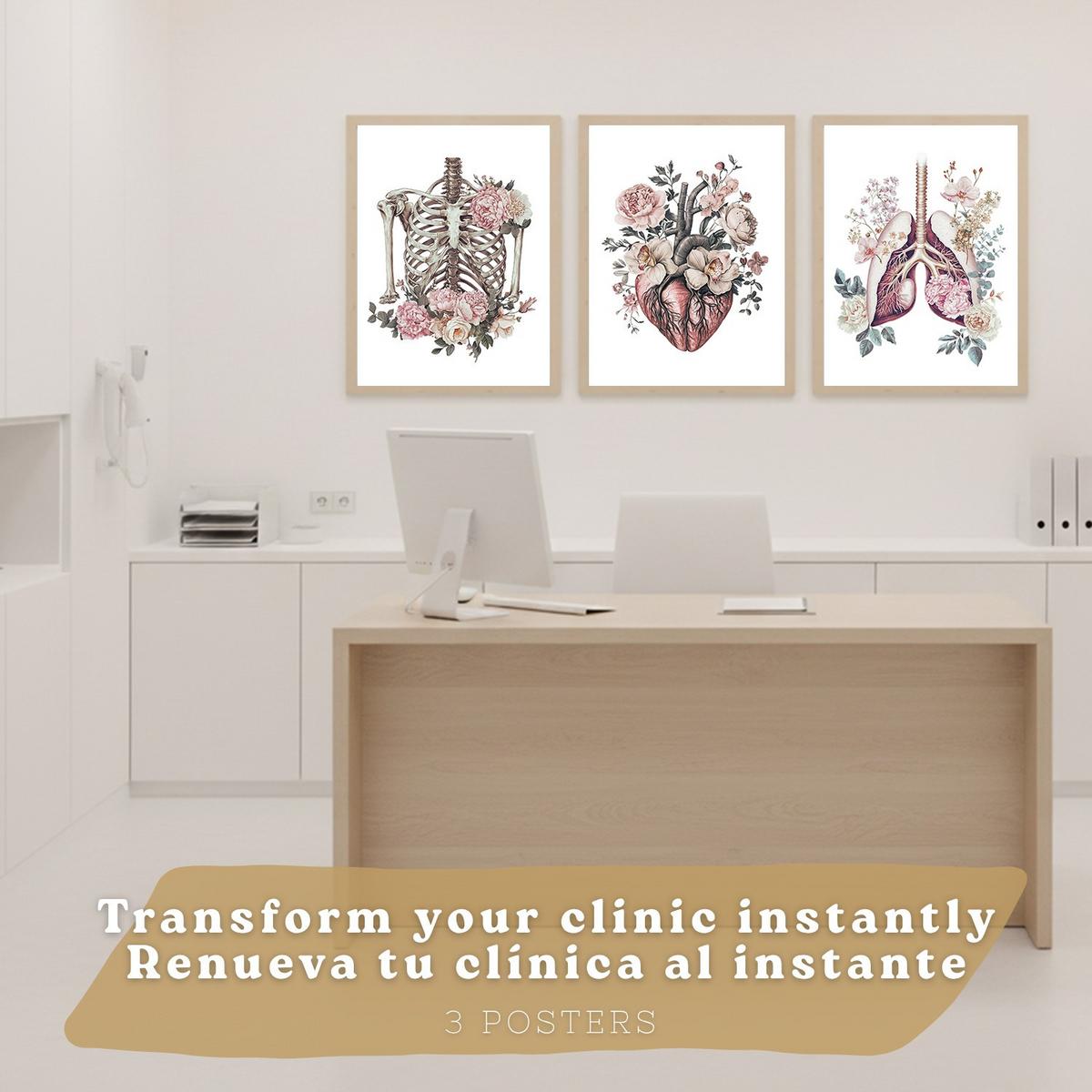 POSTER Set aus 3 Anatomie Florale Drucke und Wandbilder mit Herz Brustkorb und Lungen Detaillierter Illustrationsstil Größe Leichter Holzrahmen A3 - Beige, Papier (29.7/42/3cm) - Nacnic