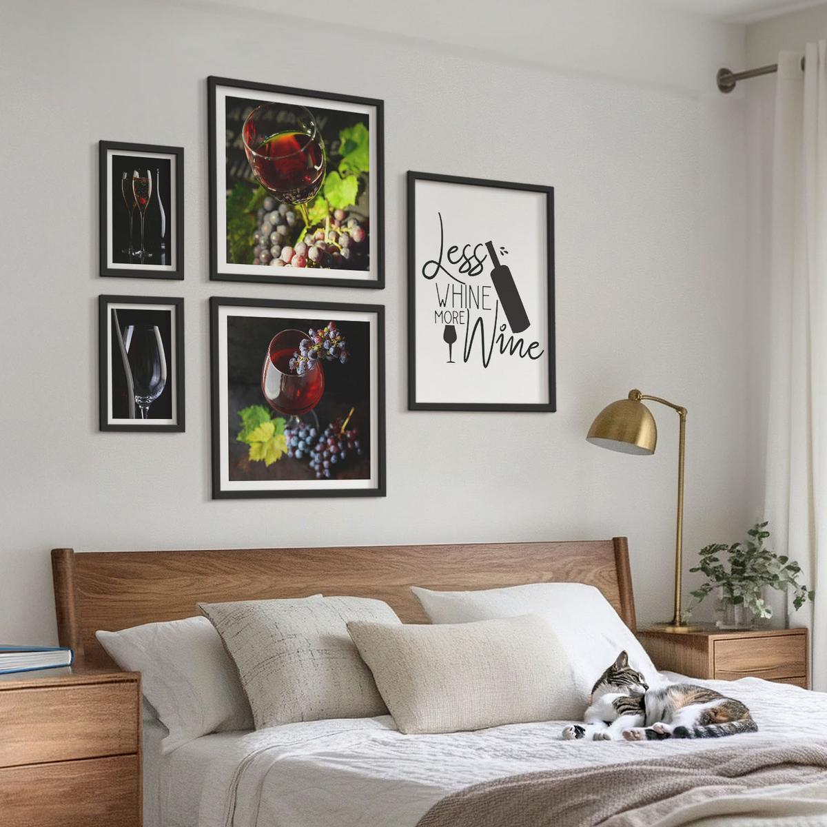 BILDER SET 5er Set - 50x50 cm & 20x30 cm & 40x60 cm Schwarzer Rahmen - Weingläser mit Trauben und Inschrift - Schwarz, Kunststoff (40/60cm) - TULUP