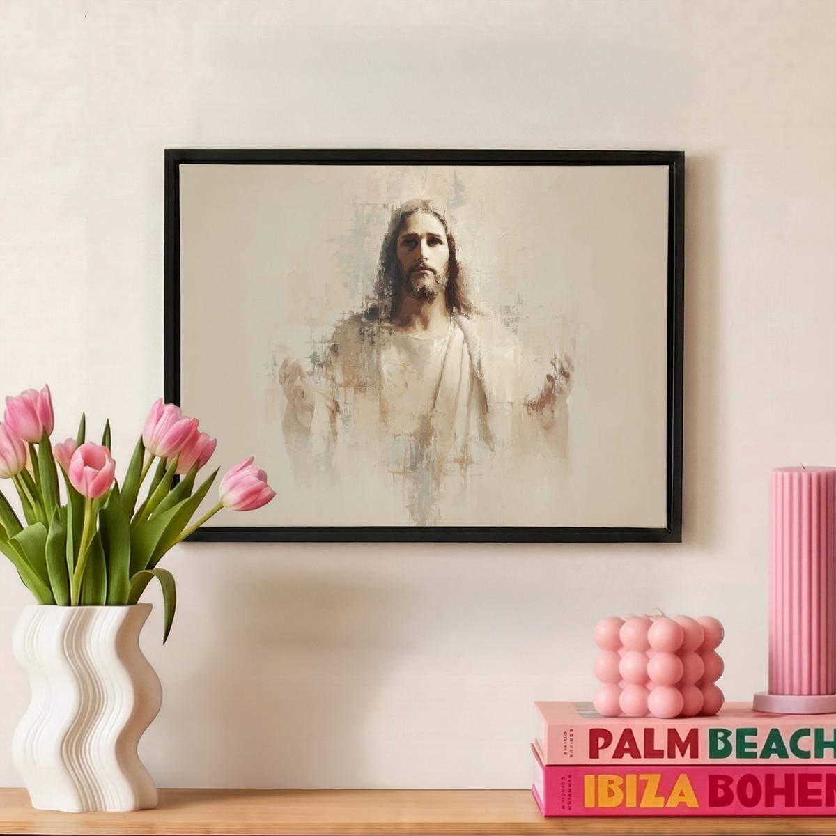 LEINWAND Bilder mit Rahmen - Porträt - Abstrakt - Jesus - Beige - 40x30 - Beige, Textil (40/30cm) - MuchoWow