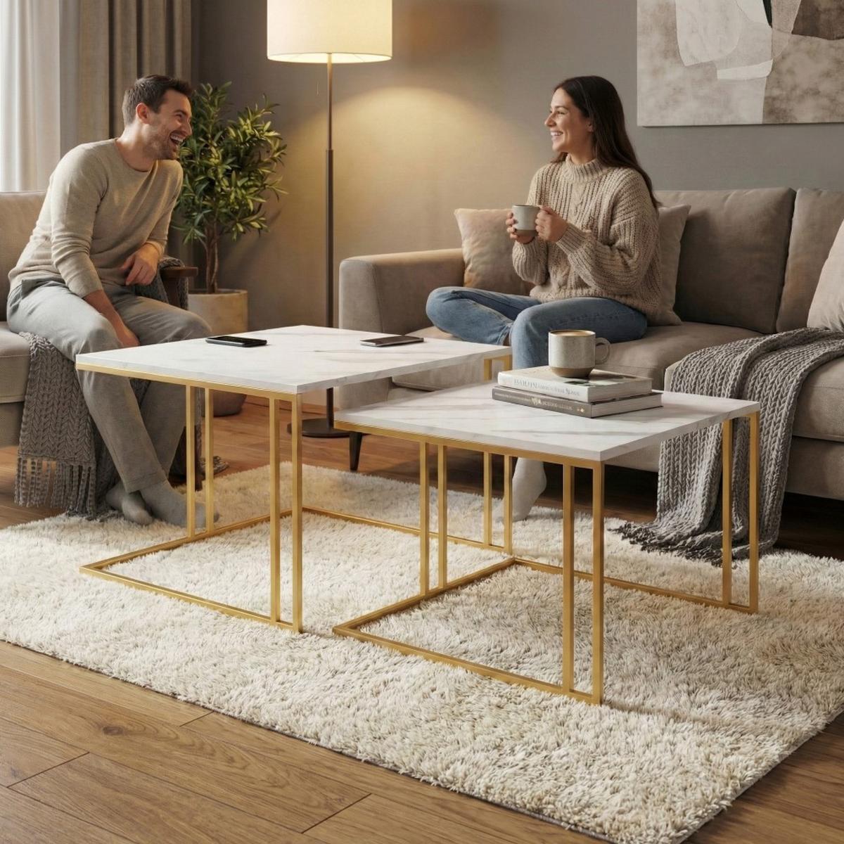 COUCHTISCH Astra, Doppel Kaffeetisch im Loft-Stil, Goldfarben+Marmor Bianco - Goldfarben/Weiß, Metall (76/76/50cm) - Beautysofa
