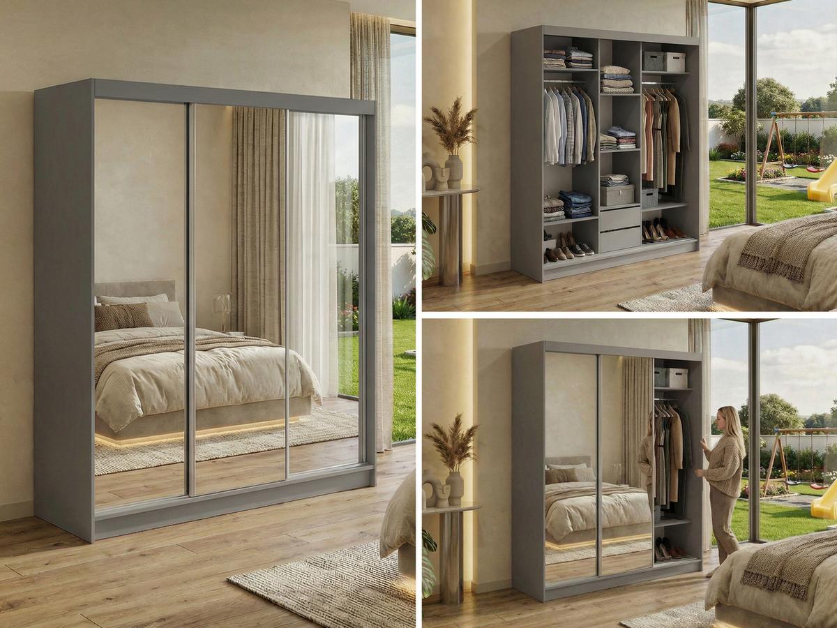 SCHWEBETÜRENSCHRANK mit Schubladen 180 - DUBROWNIK - Grau mit Spiegel - Alufarben/Grau, Holzwerkstoff/Metall (180/216/61cm) - MKS