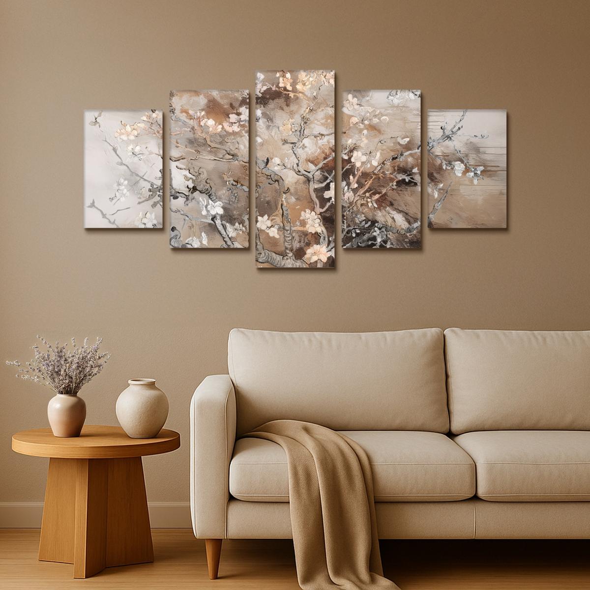 LEINWANDBILD 5er Set Mandelblüte - Abstrakt - Beige 100x50 cm - Beige, Textil (100/50cm) - MuchoWow