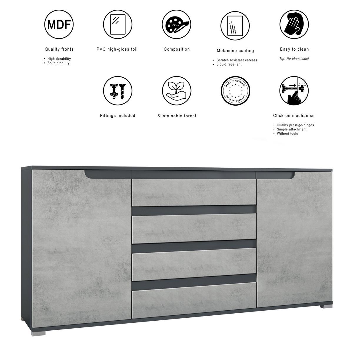 SIDEBOARD Sylt Grau Hochglanz / Schwarz Hochglanz - Grau, Holzwerkstoff (166.5/75.5/35cm) - Vladon