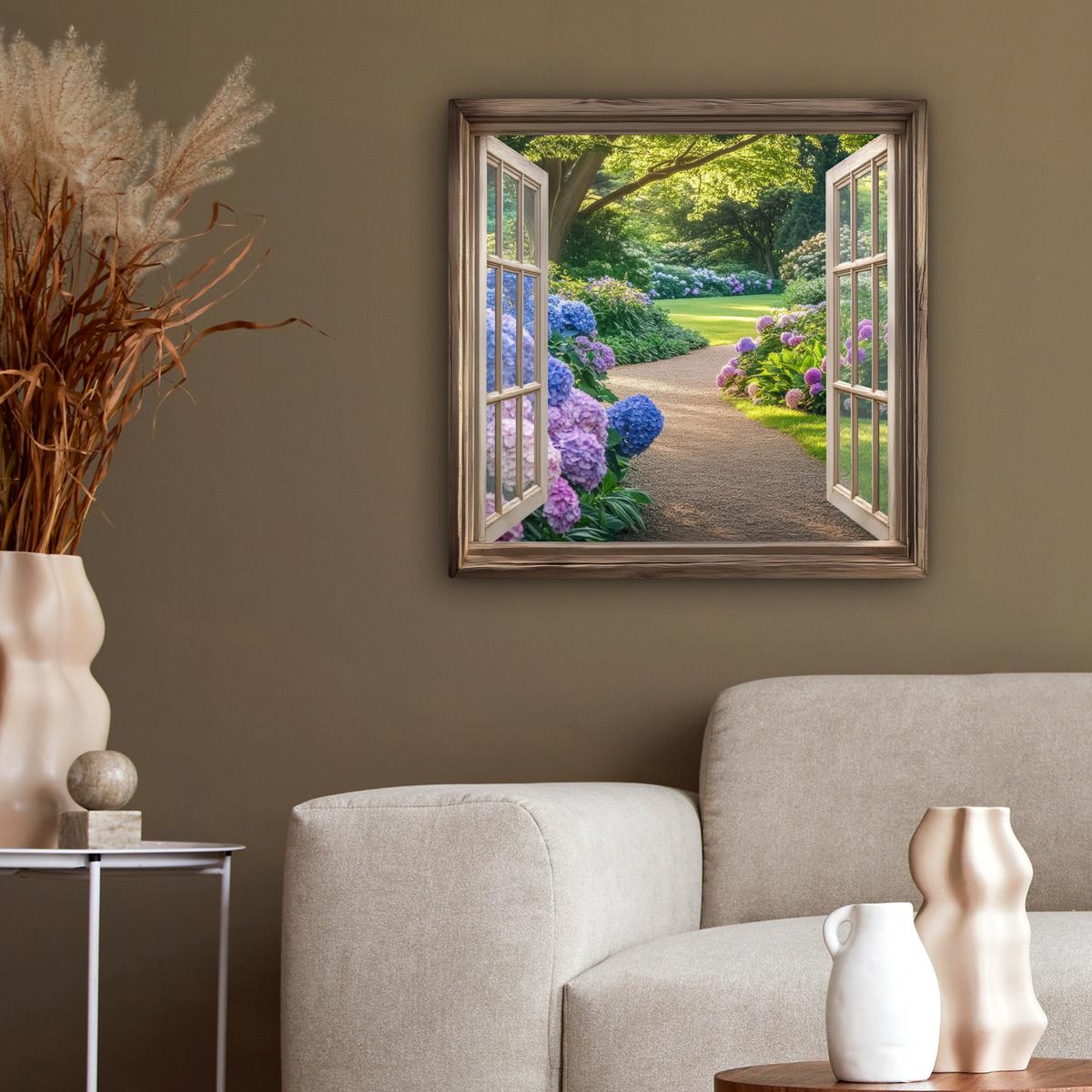 LEINWANDBILD Aussicht - Garten - Fenster - Hortensie - Blumen Wandbild Wohnzimmer 50x50 cm - Pastellblau, Textil (50/50cm) - MuchoWow