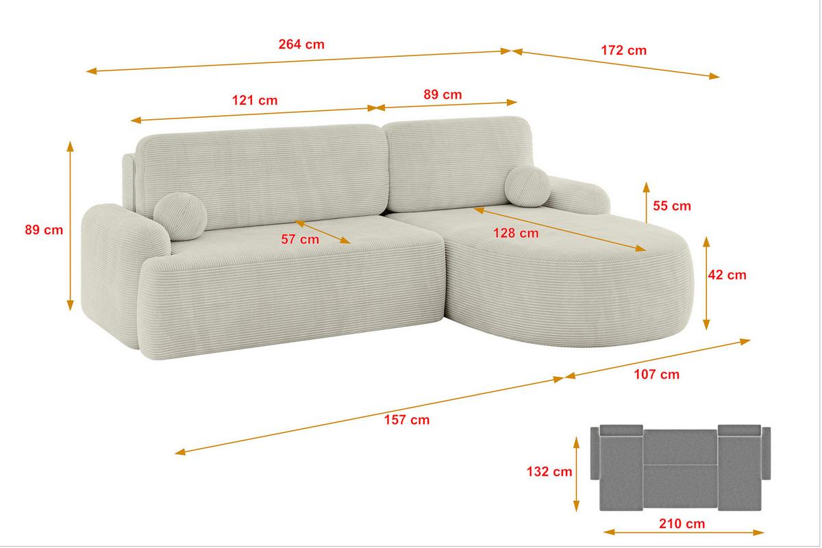 ECKSOFA mit Schlaffunktion und Bettkasten LIRA-L - 264x172x89 Hellgrau - Creme, Holzwerkstoff/Textil (172/264cm) - ALTDECOR