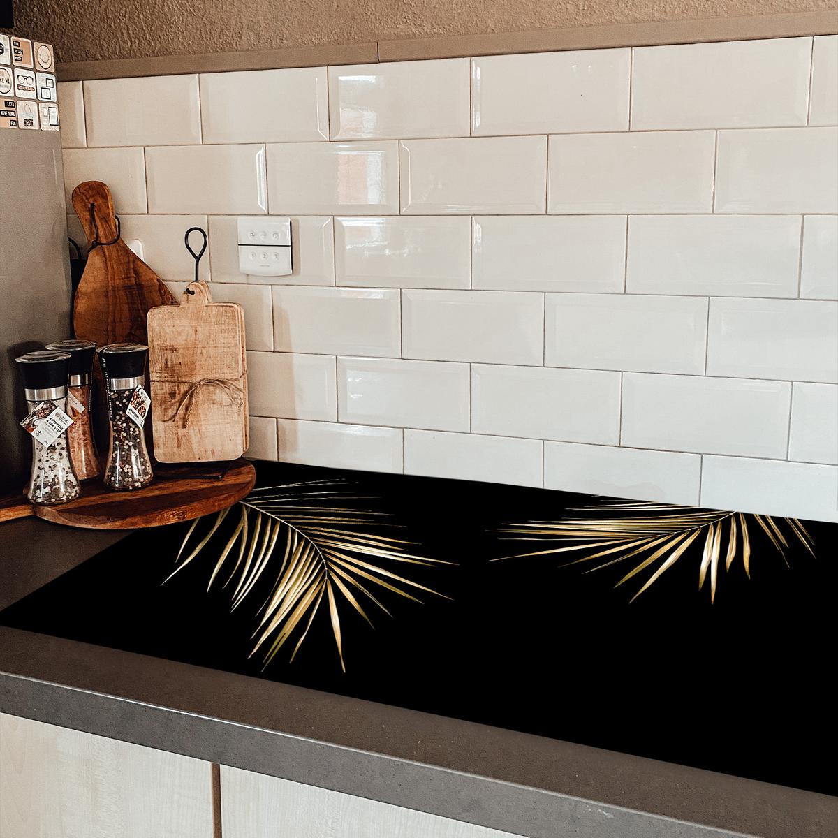 HERDABDECKPLATTE Blätter - Pflanzen - Gold - Schwarz - Luxus Induktionsschutz 91.6x52.7 cm - Goldfarben, Kunststoff (91.6/52.7/0.2cm) - MuchoWow