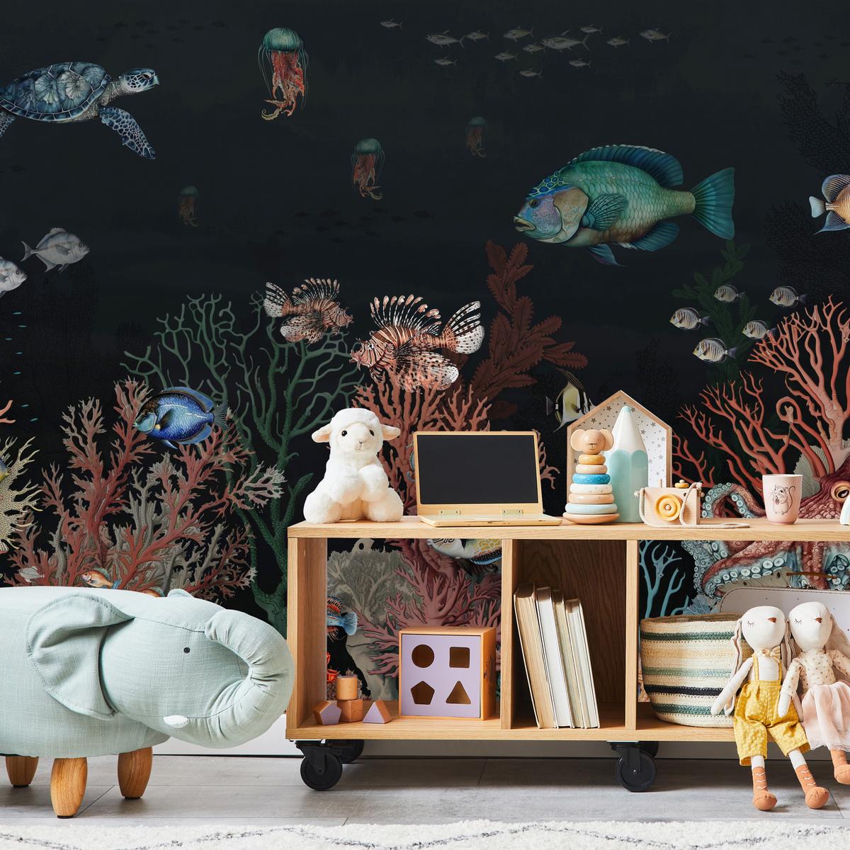 FOTOTAPETE für Badezimmer Bunter Unterwasser Pflanzen Riff Fische 500x350 - Rot/Schwarz, Papier (500/350cm) - Muralo