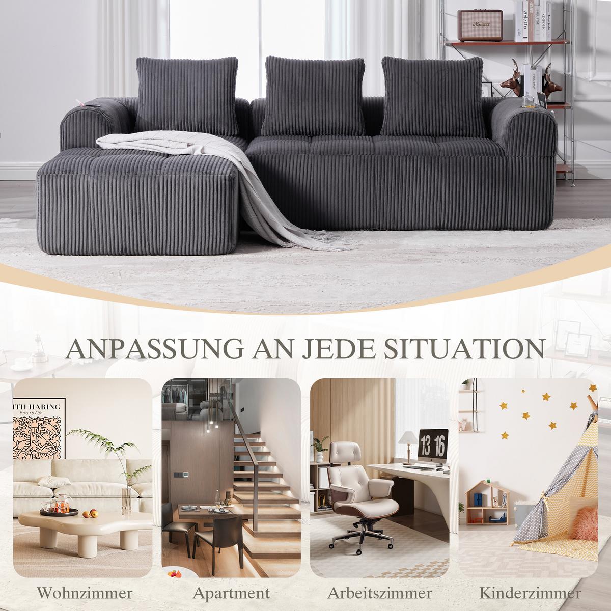 ECKSOFA 3-Sitzer mit Getränkehalter, Seitentaschen & 3 Kissen - Dunkelgrau, Textil (253/158cm) - Urban Meuble