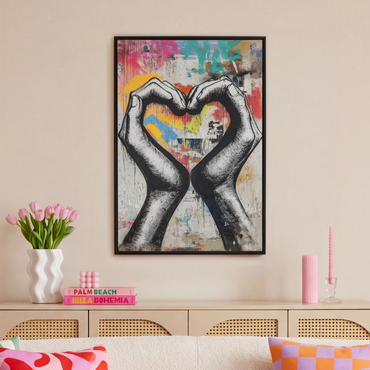 LEINWAND Bilder mit Rahmen - Hände - Herz - Straßenkunst - Graffiti - 60x90 - Multicolor, Textil (60/90cm) - MuchoWow