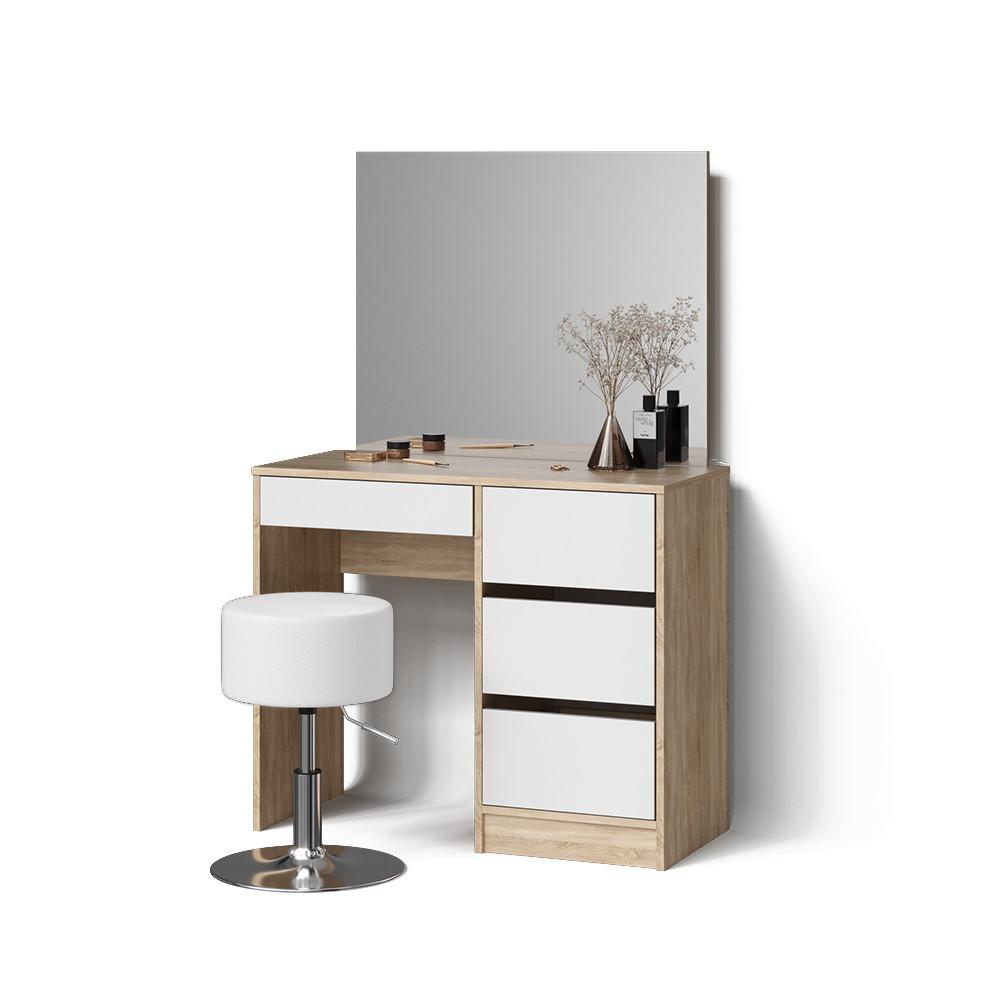 SCHMINKTISCH Imola Weiß/Sonoma 90 cm mit Hocker - Weiß/Sonoma Eiche, Holzwerkstoff (90/75/55cm) - Livinity®