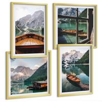 BILDER SET 4er Set - 50x50 cm & 40x60 cm Goldrahmen - See, Berge, Boote, Hütte, Fenster - Goldfarben, Kunststoff (50/50cm) - TULUP