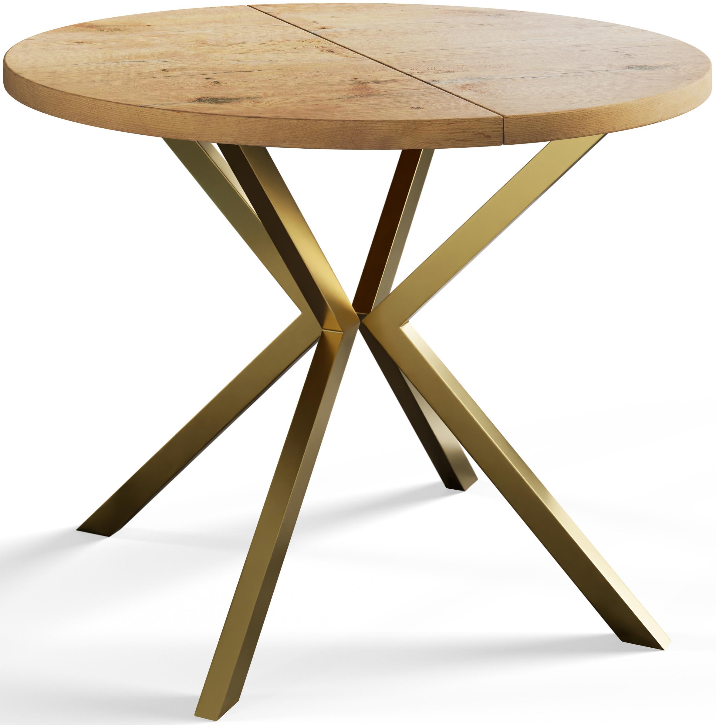 RUNDER Esszimmertisch LOFT LITEN, ausziehbarer Tisch Durchmesser: 100 cm/180 cm, Wohnzimmertisch Farbe: Hellbraun, mit Metallbeinen in Farbe Gold - Beige/Goldfarben, Holzwerkstoff (100/100/76cm) - Alpi-Möbel