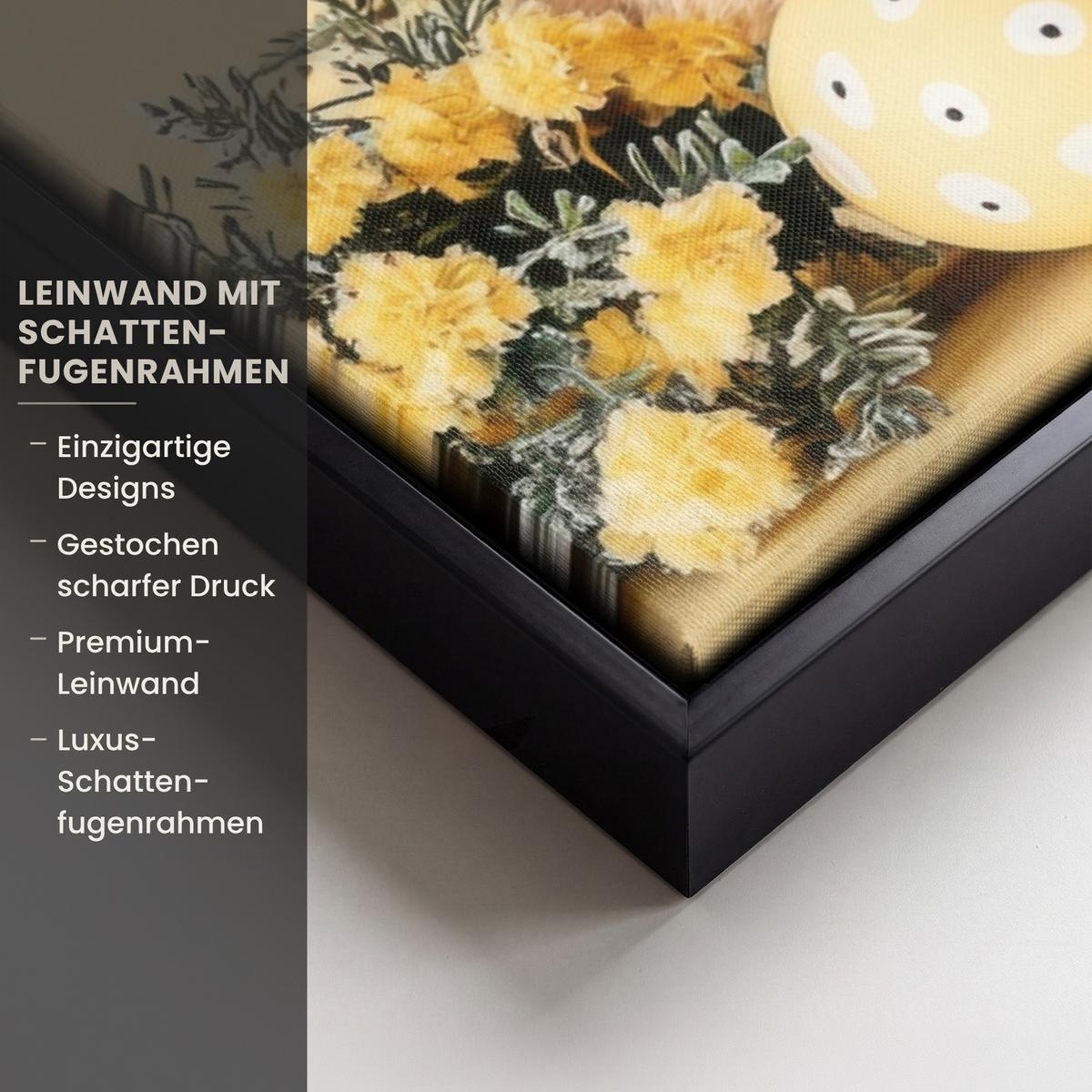 LEINWAND Bilder mit Rahmen - Eier - Kaninchen - Pastellfarbtöne - 100x70 - Hellgelb, Textil (100/70cm) - MuchoWow