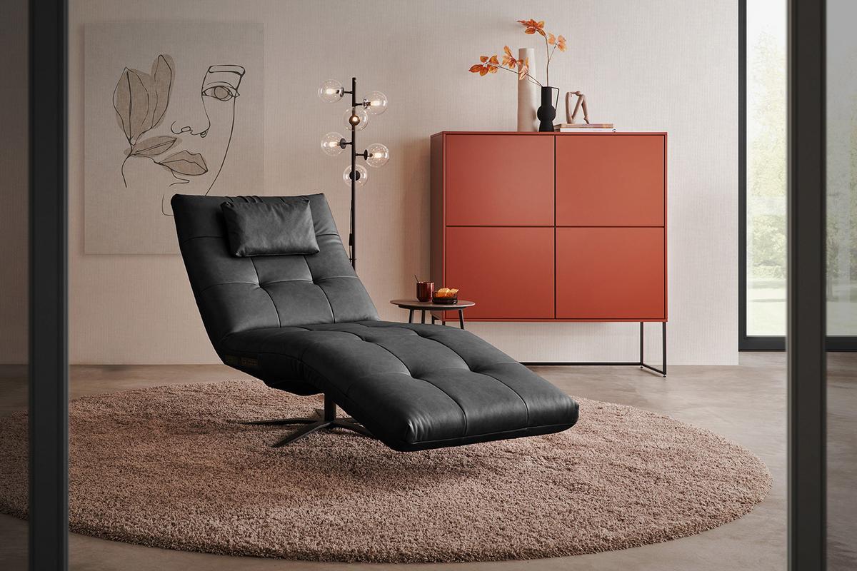 RELAXLIEGE LETICIA Schwarz Leder Drehbar (360°), Relaxfunktion - Schwarz, Leder/Metall (82/115/156cm) - KAWOLA