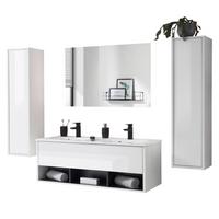 BADMÖBEL-SET weiß Hochglanz, grau, Komplettset mit Doppelwaschbecken und LED Beleuchtung - Weiß Hochglanz/Grau, Glas/Holzwerkstoff (200/190/47cm) - Furn.Design
