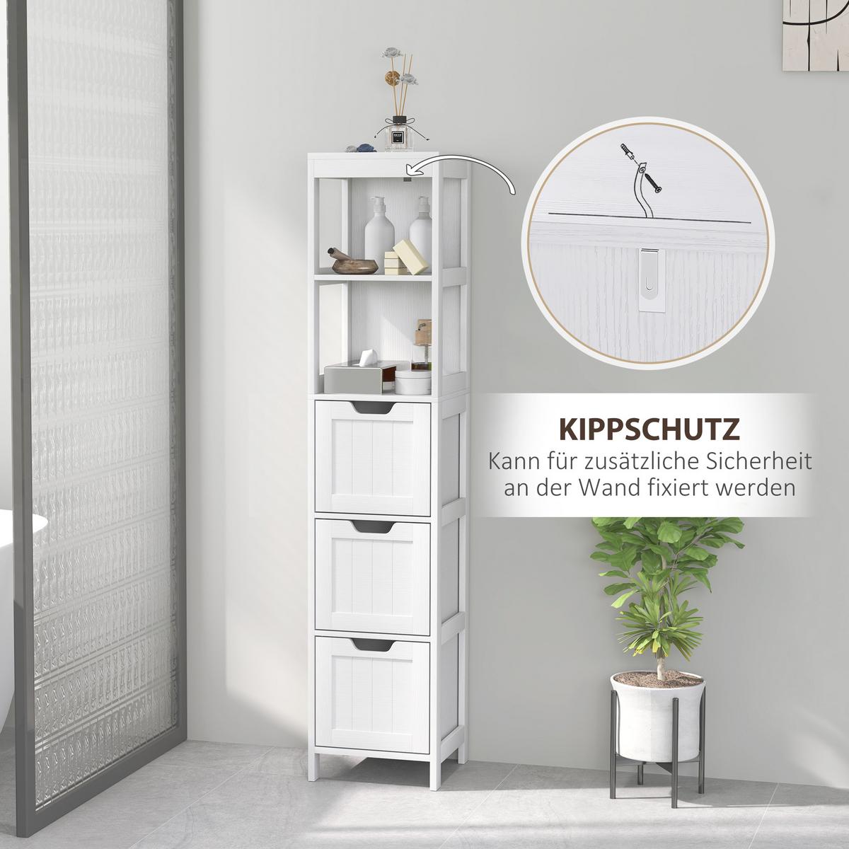 BADEZIMMERSCHRANK Badschrank Bad Hochschrank mit 3 Schubladen, 2 offenen Fächern - Weiß, Holz (30/142.4/30cm) - HOMCOM